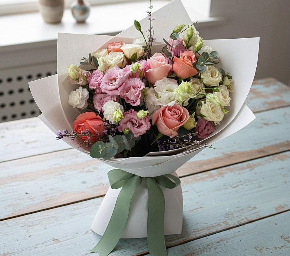 Букет цветов из: Розы, Лизиантусы и Гвоздики в Гатчину