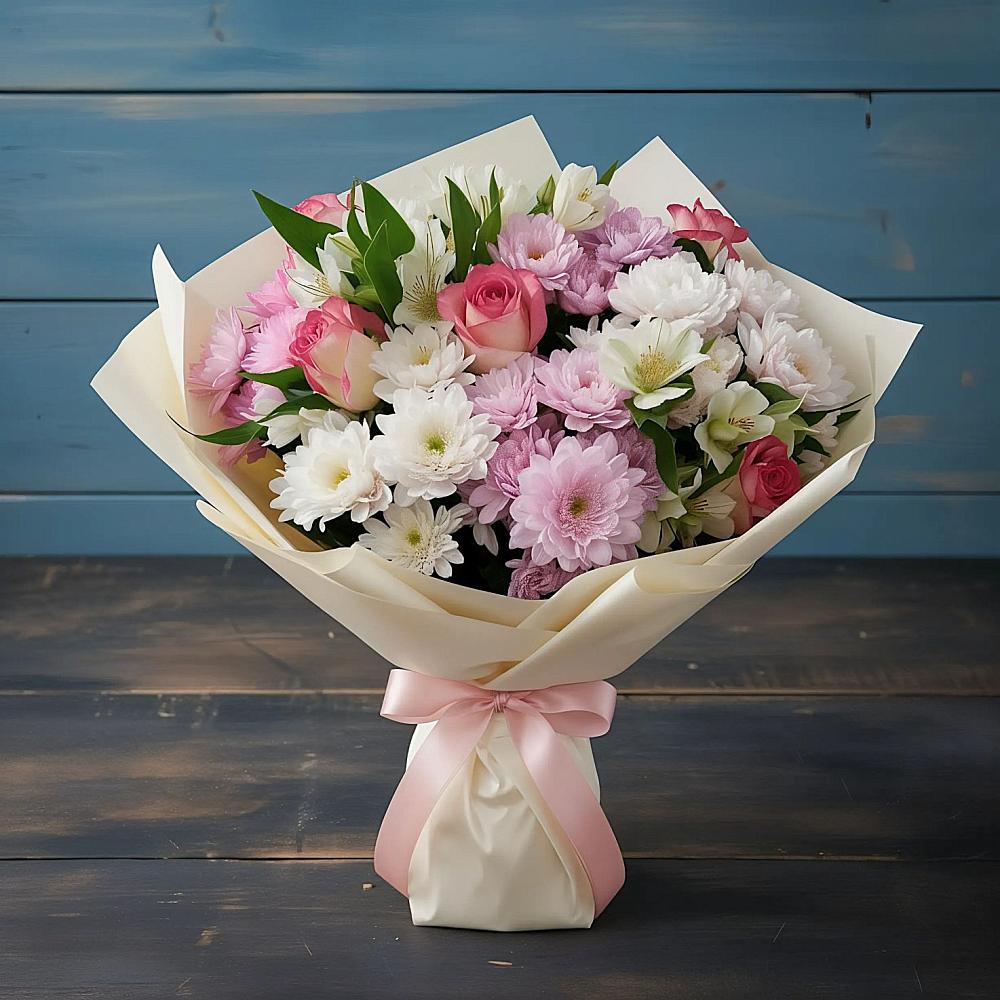 Букет цветов из: Хризантемы, Альстромерии и Розы в Гатчину